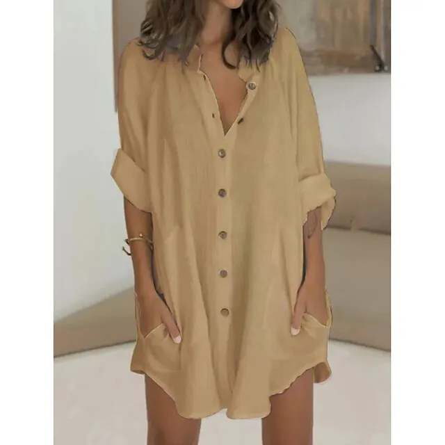Women's Shirt Dress Casual Dress Mini Dress White Green Long Sleeve Pure Color Button Fall Spring Summer Shirt Collar Basic Daily Fall Dress Loose Fit 2023 M L XL 2XL 3XL