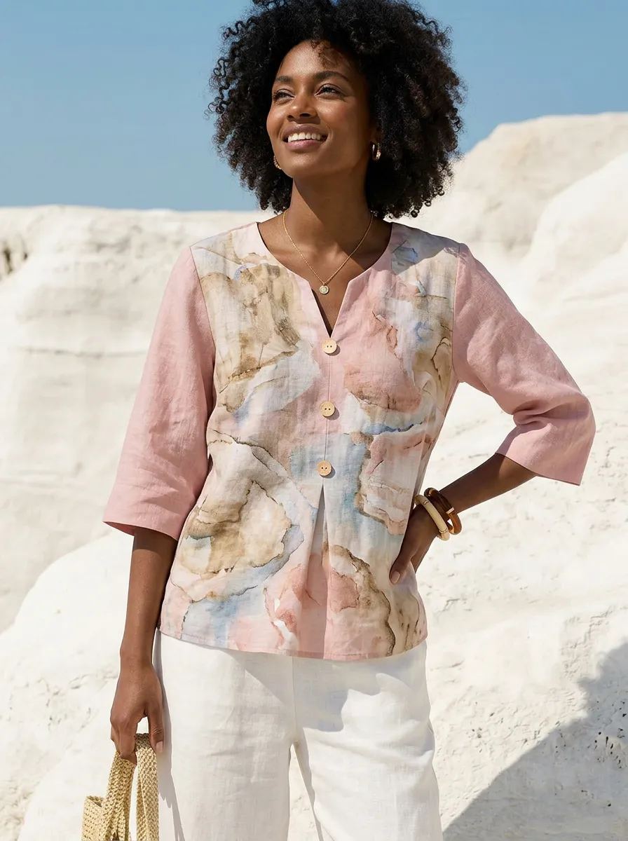Women's Nashville Abstract Watercolor Printed V-neck Linen Top