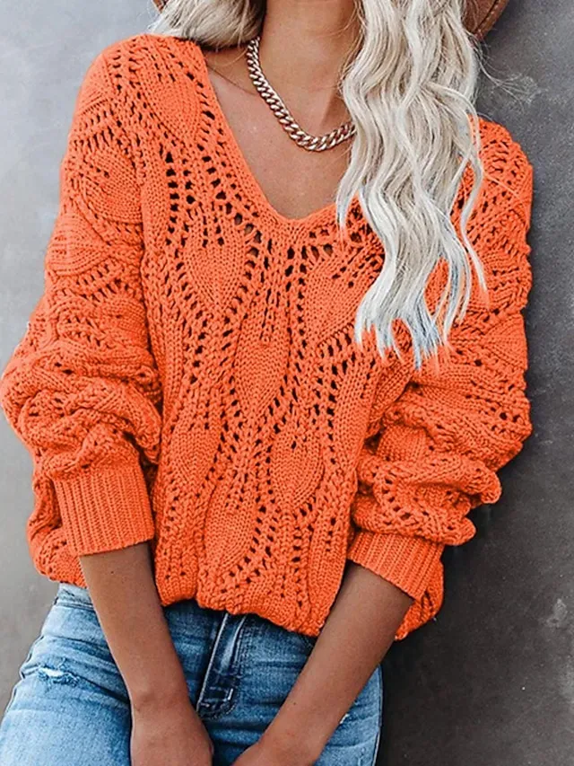 Women's Sweater Pullover Jumper V Neck Crochet Knit Acrylic Hollow Out Knitted Thin Drop Shoulder Fall Winter Halloween Daily Going out Stylish Sexy Soft Long Sleeve Solid Color Red Blue Orange S M L