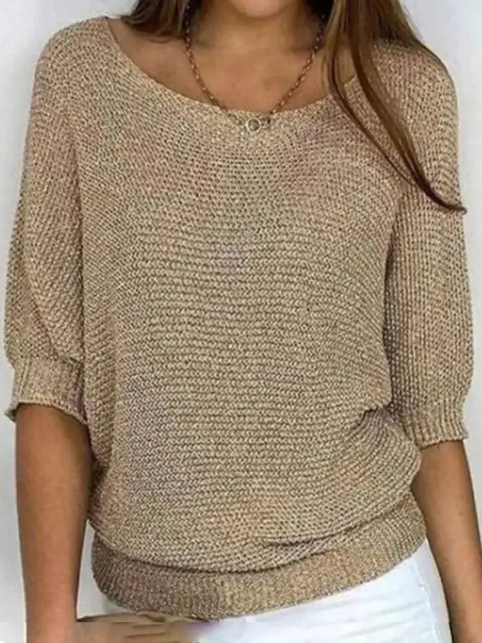 Women's solid color casual loose three-quarter sleeve sweater