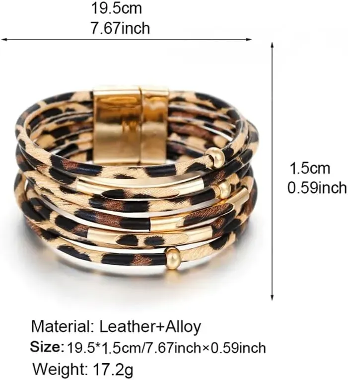 Fesciory Leather Wrap Bracelets for Women, Boho Leopard Multi-Layer Crystal Beads Cuff Bracelet Jewelry