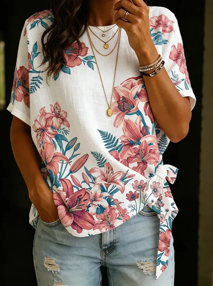 Women's Nashville Floral Lily Botanical Printed Tie-Side Top