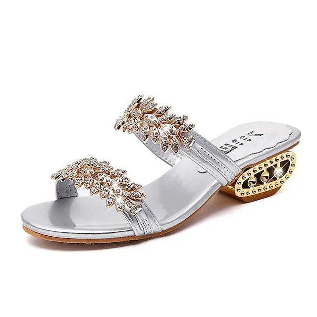 Women's Sandals Sparkly Sandals Outdoor Daily Beach Summer Sparkling Glitter Chunky Heel Open Toe Elegant Sweet Walking Shoes PU Leather Loafer Solid Colored Black Silver Gold