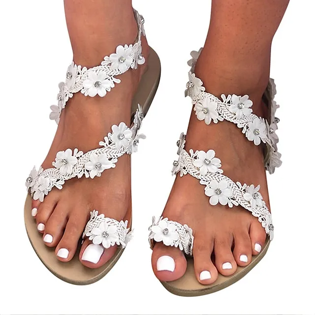 Women's Wedding Shoes Sandals Boho Bohemia Beach Flat Sandals Wedding Daily Beach Wedding Sandals Summer Rhinestone Lace Flower Flat Heel Open Toe Cute Classic Casual Lace Faux Leather Lace-up Loafer
