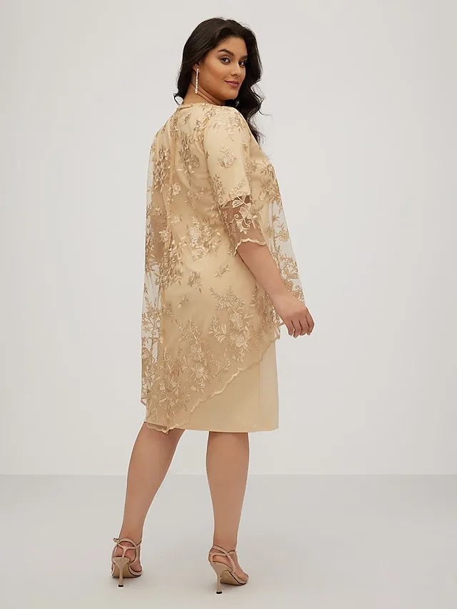 Women‘s Plus Size Party Dress Lace Dress Semi Formal Dress Midi Dress Navy Blue Blue Gold 3/4 Length Sleeve Floral Lace Summer Spring Fall Crew Neck Elegant Party Wedding Guest Dress