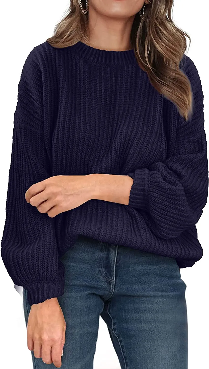Women's Crew Neck Loose Drop Shoulder Lantern Sleeve Casual Solid Color Knit Pullover Sweater