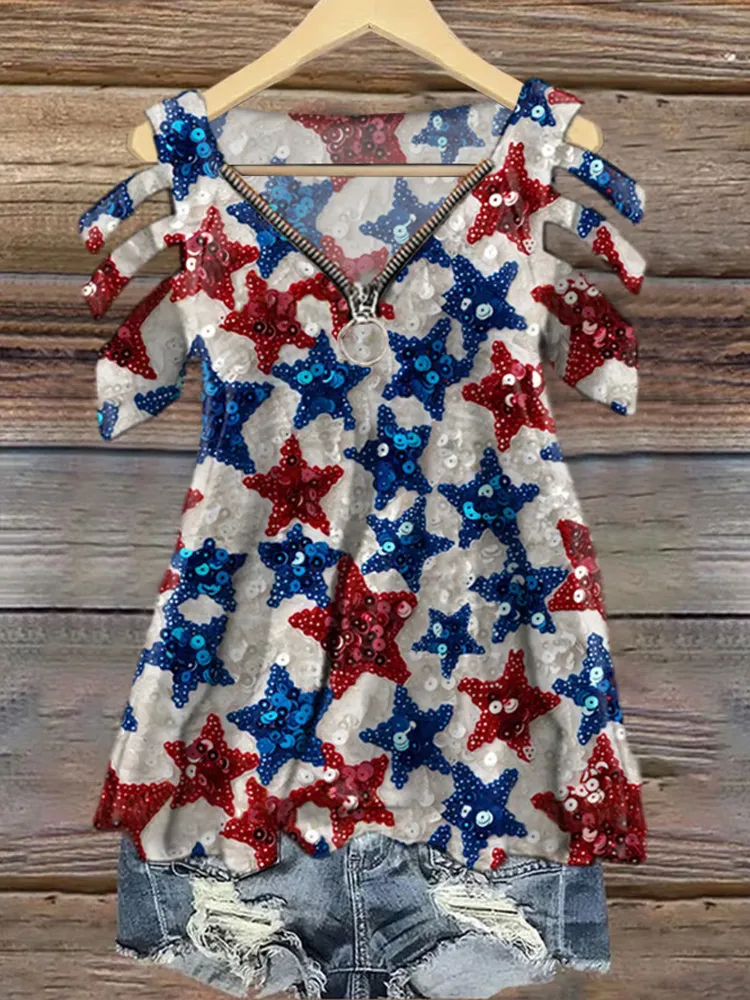 Women's Independence Day Flag Print V-neck T-shirt