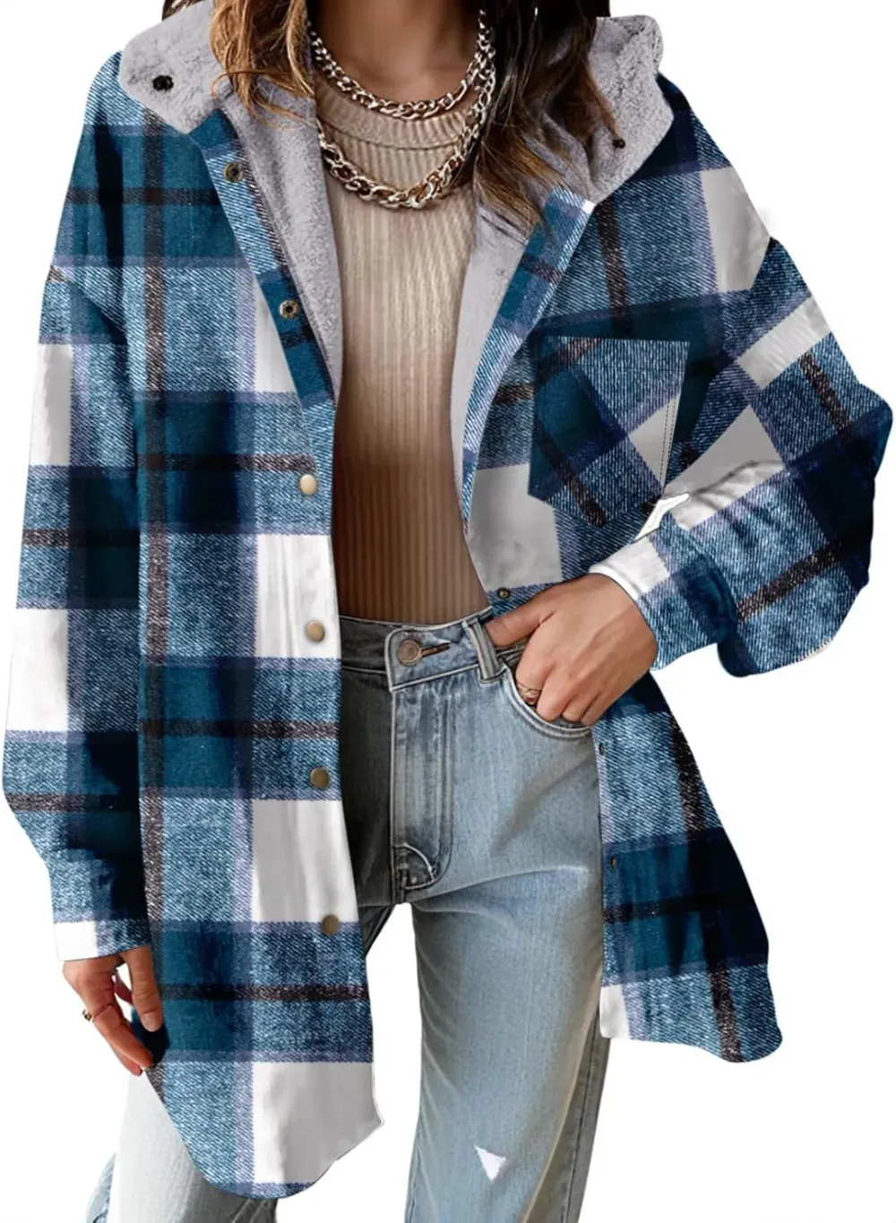 Women's Flannel Hooded Plaid 2025 Shacket Thick Coat Winter Coat for Warmth Button down Warm and Fuzzy Fleece Jacket