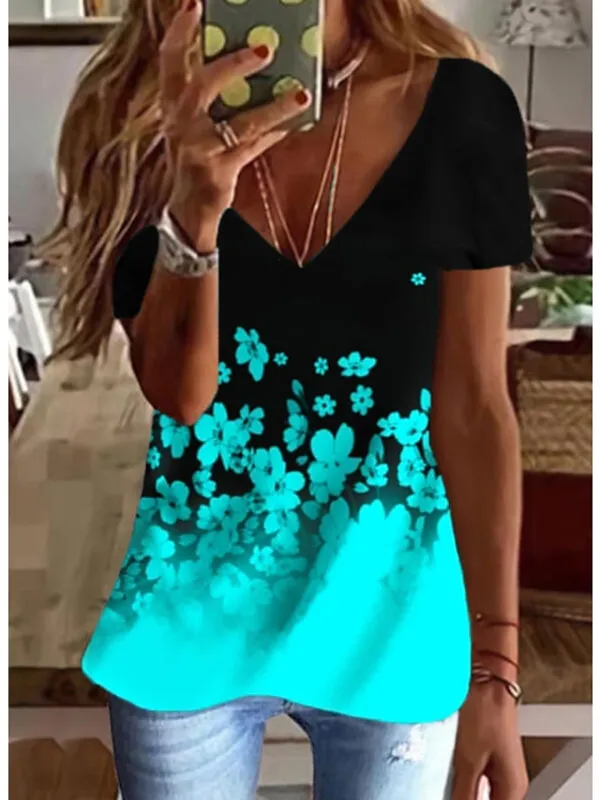 Women's T shirt Tee Going Out Tops Graphic Black White Blue Print Short Sleeve Daily Weekend Tunic Basic V Neck Regular Fit