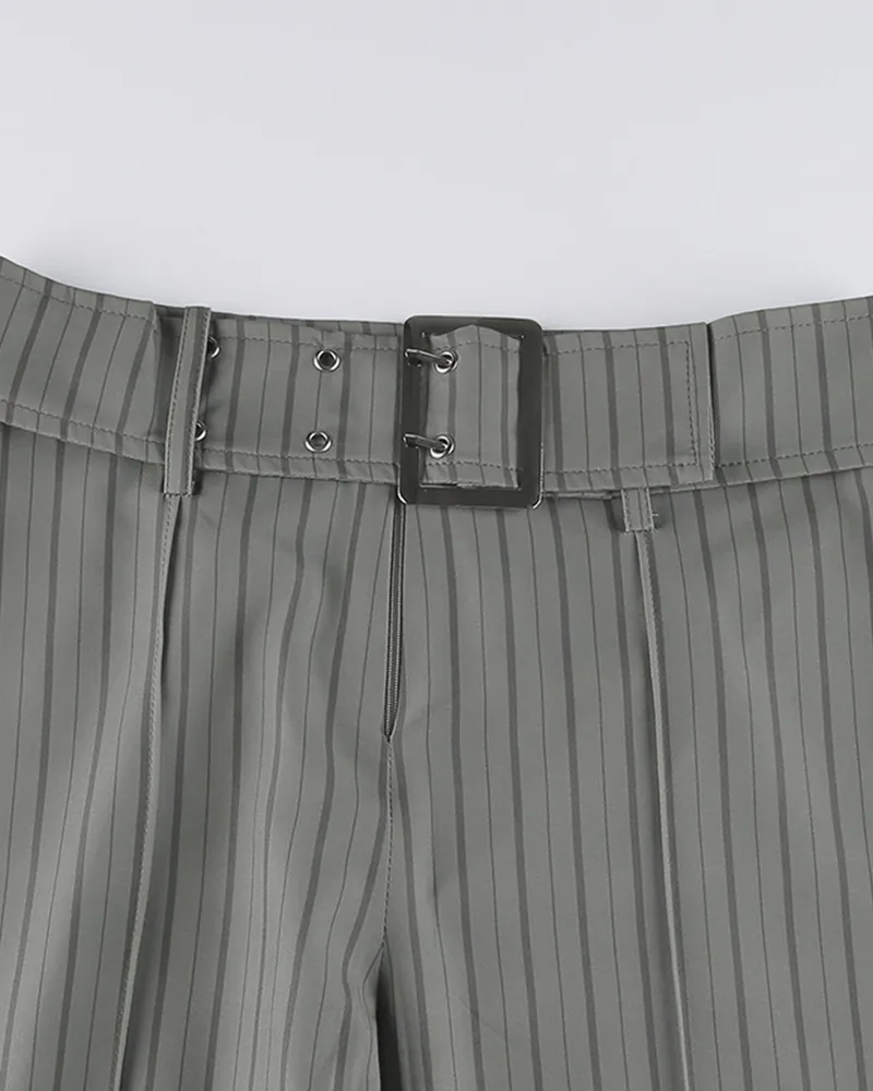 Striped Seam Front Buckle Belted Zip Up Flare Pants