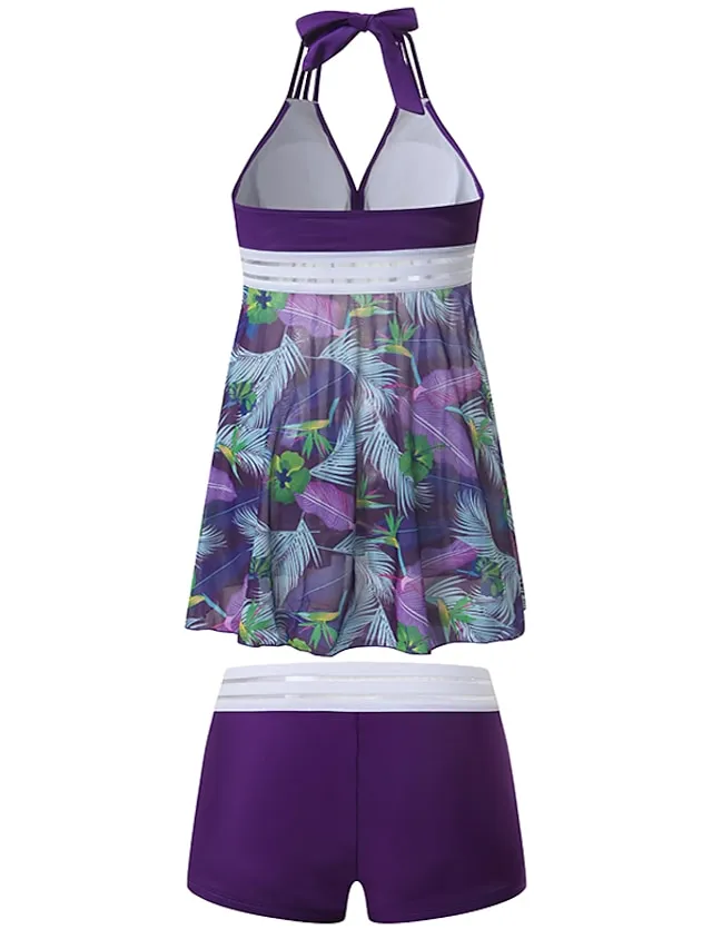 Women's Swimwear Tankini Swim Dress 2 Piece Plus Size Swimsuit 2 Piece Modest Swimwear Open Back Printing for Big Busts Leaf Floral Navy Blue Purple Green Padded V Wire Bathing Suits New Vacation Cute