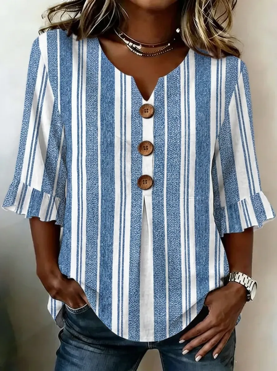 Women's Nashville Vacation Blue Striped Button Printed Top