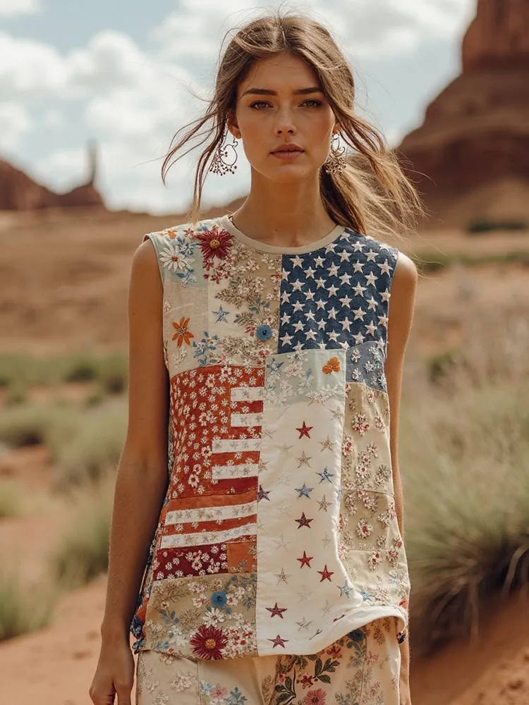 Women's Vintage Independence Day Flag And Floral Print Casual Tank Top