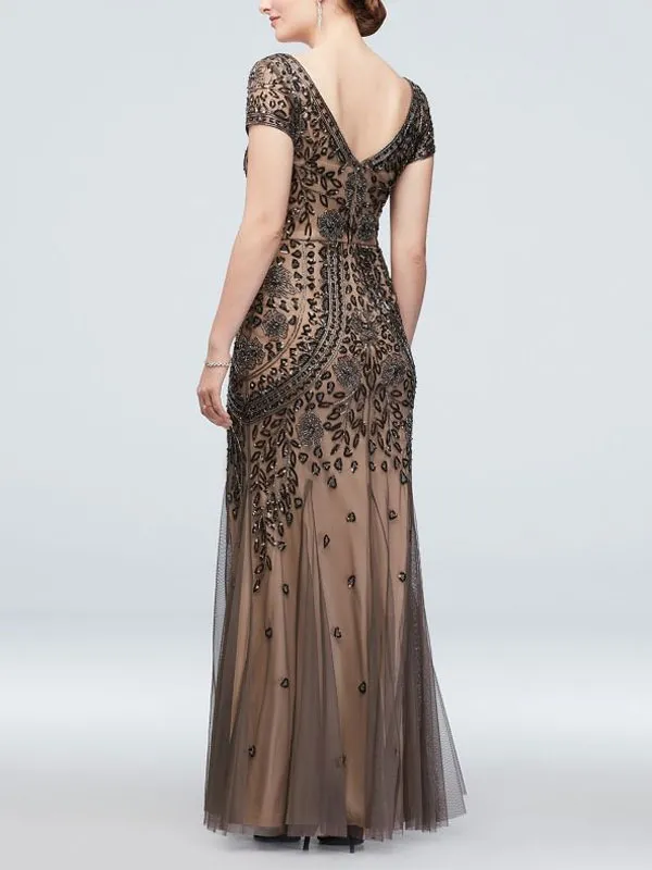V-neck Beaded Short Sleeve Dress with Godets Mother of the Bride Dress