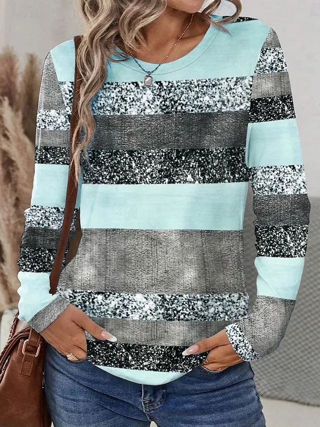 Women's T Shirt Casual Print Long Sleeve Regular Tops Crew Neck Daily Pink Blue Purple Spring Fall