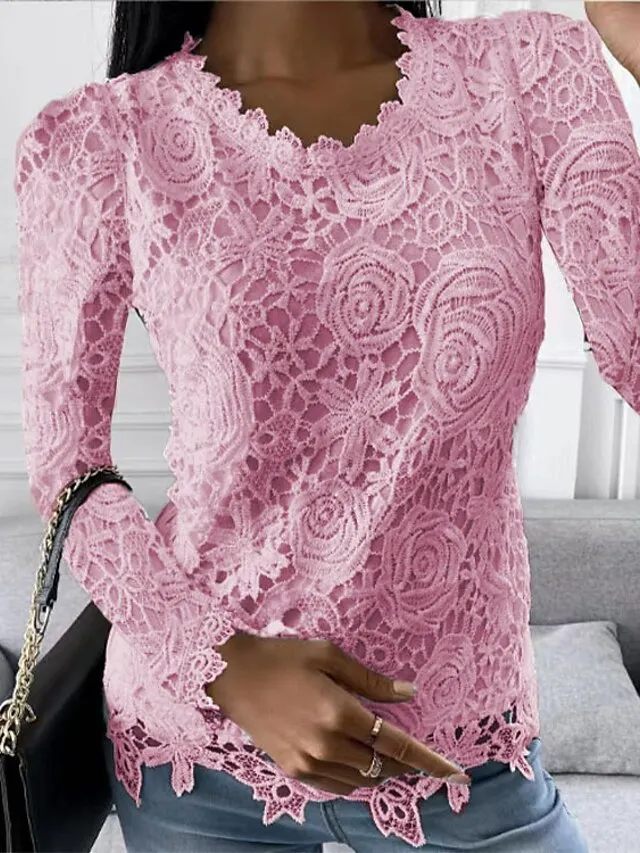 Women's Lace Shirt Shirt Blouse Plain Work Black White Pink Lace Long Sleeve Elegant Vintage Fashion Round Neck Regular Fit Spring Fall
