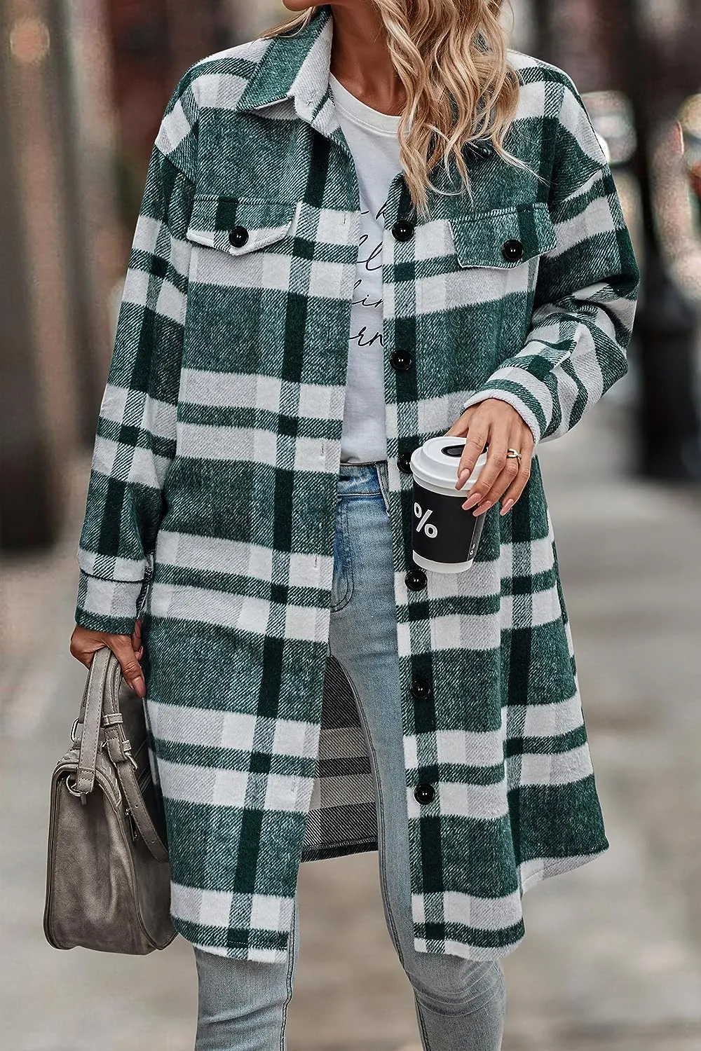 Women's Plaid Shacket 2023 Long Sleeve Button Up Flannel Shirt Winter Tartan Jacket Woolen Coats