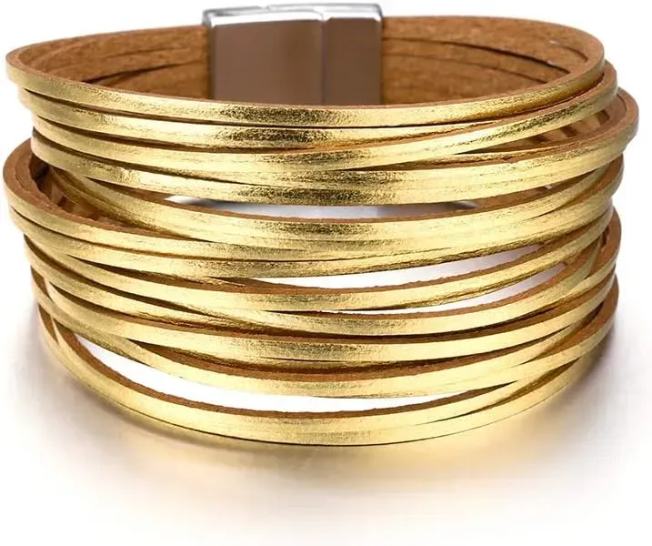 Fesciory Leather Wrap Bracelets for Women, Boho Leopard Multi-Layer Crystal Beads Cuff Bracelet Jewelry