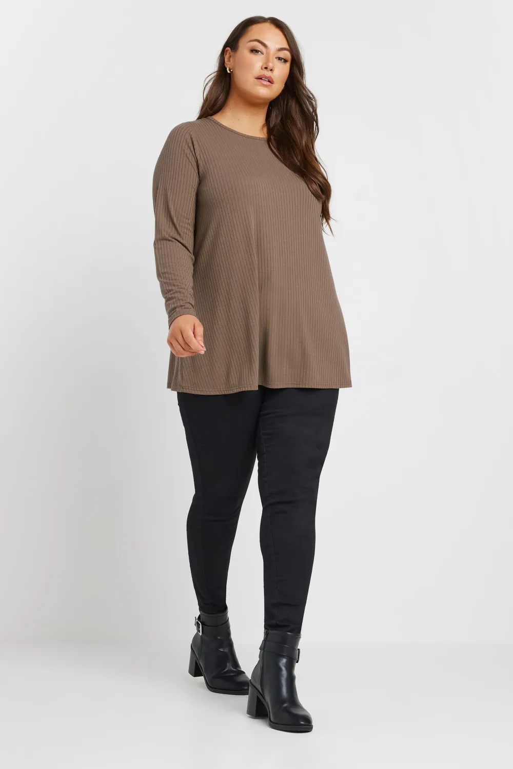 YOURS Curve Black Long Sleeve Ribbed Swing Top