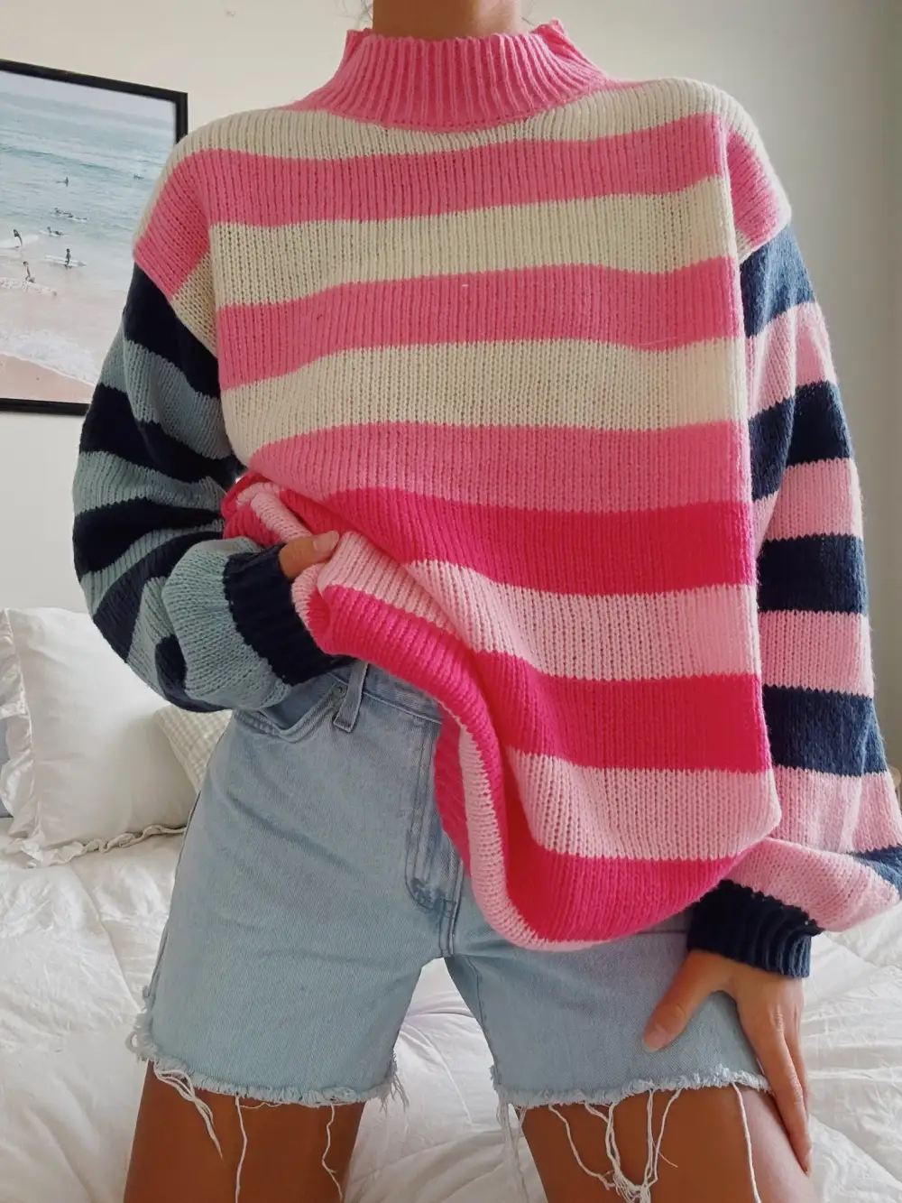 COLORFUL STRIPED MOCK NECK SWEATER