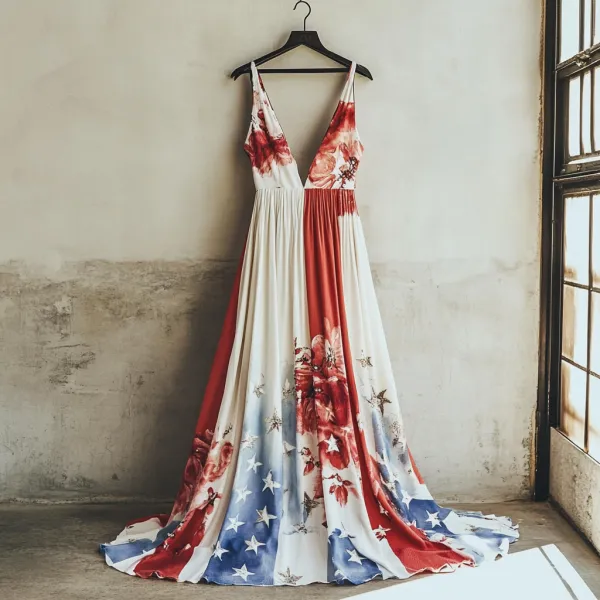 Women's Independence Day Floral Print Sleeveless Dress