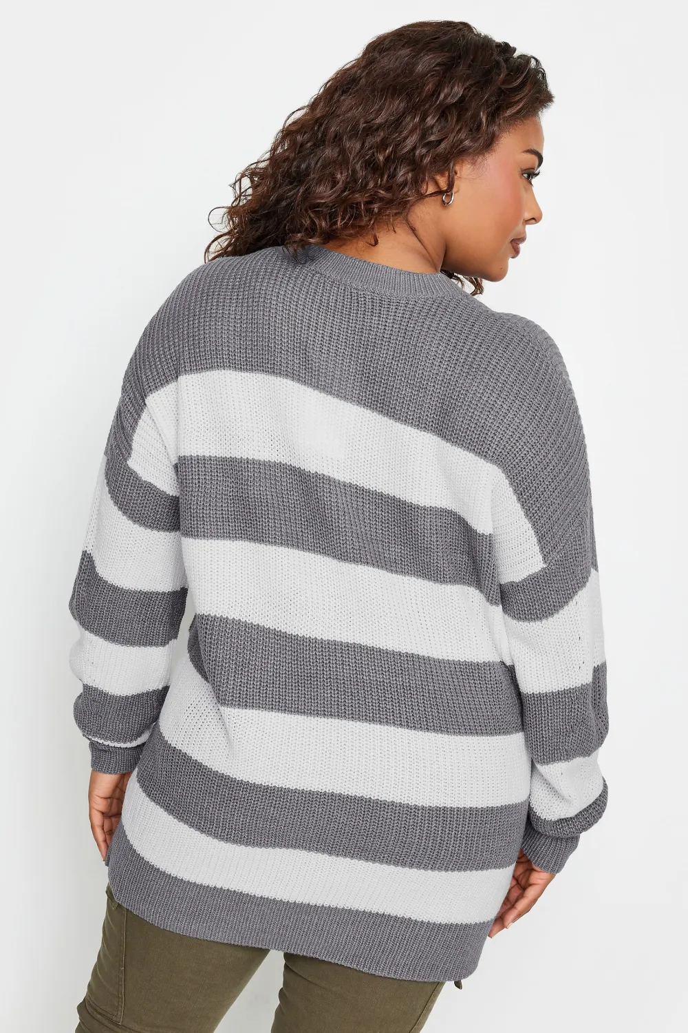 YOURS Curve Grey Stripe Ribbed Knit Jumper
