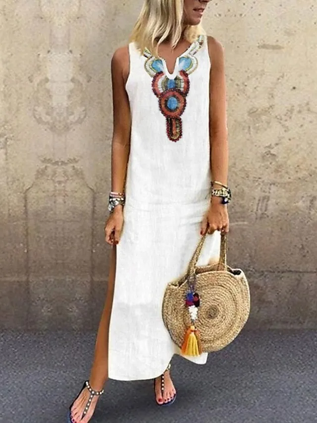 Women's Casual Dress Shift Dress White Dress Long Dress Maxi Dress Polyester Hot Casual Holiday Vacation Beach V Neck Split Print Sleeveless Summer Spring Fall 2023 Regular Fit White Yellow Wine