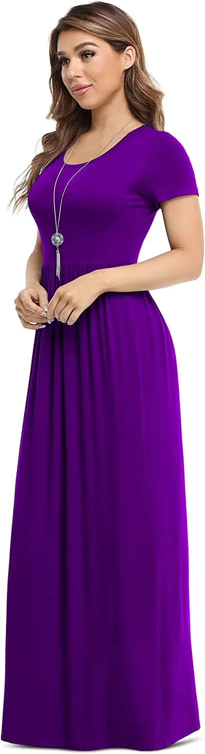 Women's Short Sleeve Loose Plain Maxi Dresses Casual Long Dresses with Pockets
