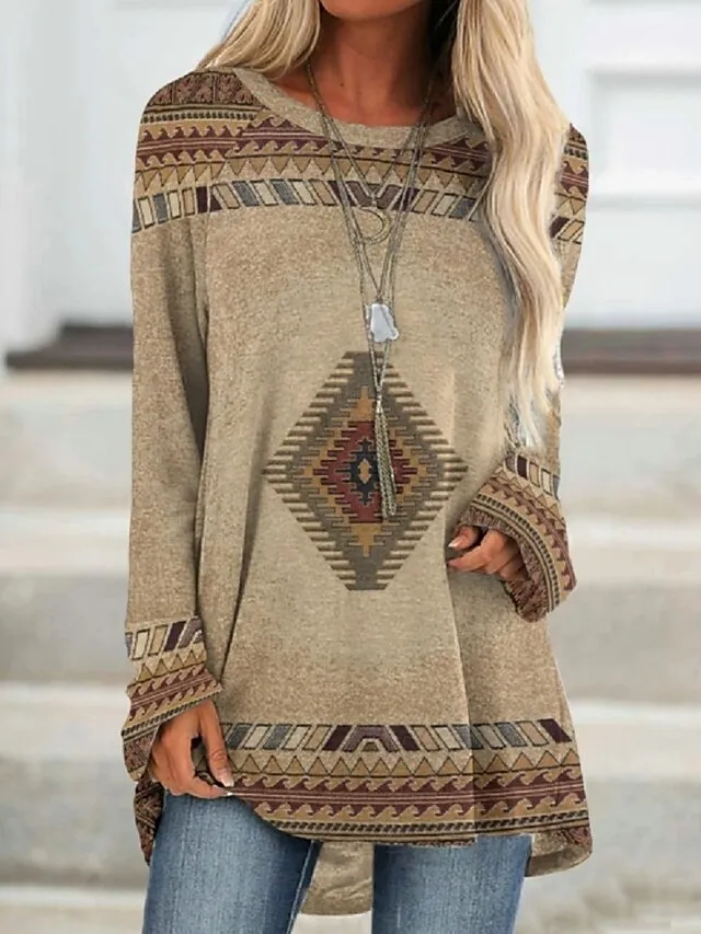 Women's Plus Size T shirt Tee Burgundy Tee Tunic Shirts Marron Yellow Light Green Geometric Plaid Print Long Sleeve Casual Vintage Tunic Ethnic Round Neck Regular Fit Bohemian Theme Geometric Fall