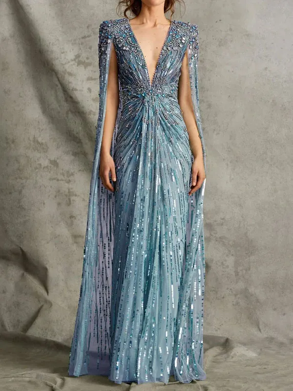 Deep V Beading Cape Sleeve Dress