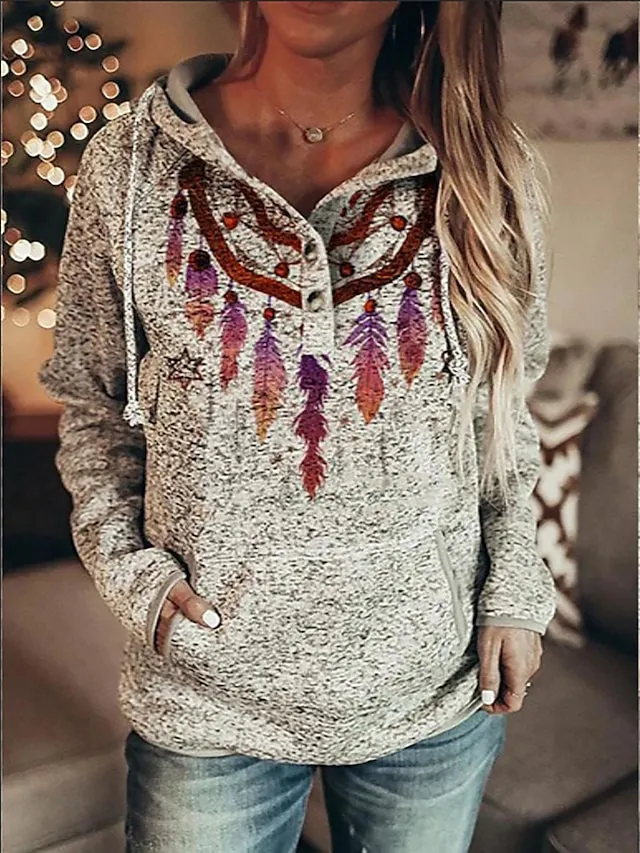 Women's Hoodie Sweatshirt Pullover Vintage Sports Ethnic Button Drawstring Front Pocket Red Blue Green Graphic Geometric Vintage Street Casual Hoodie Long Sleeve Top Micro-elastic Fall & Winter