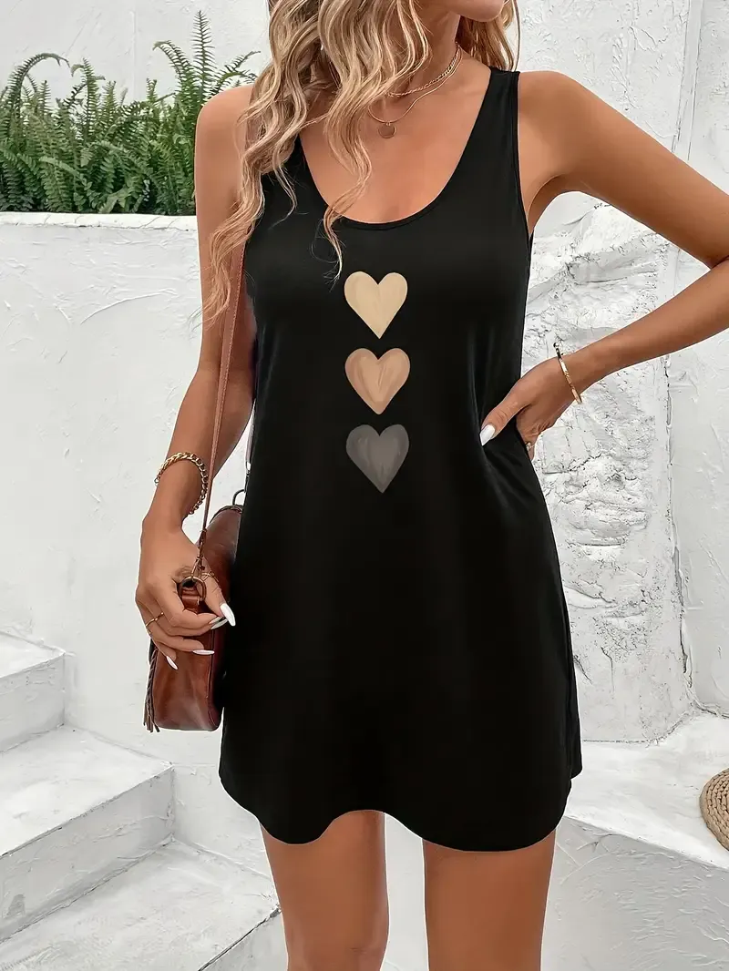 Heart Print Crew Neck Tank Dress, Casual Sleeveless Dress For Spring & Summer, Women's Clothing