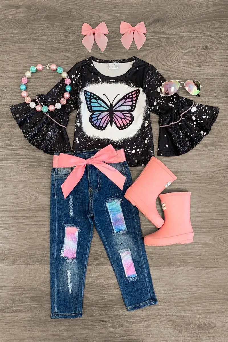 Black & Pastel Butterfly Distressed Denim Pant Set