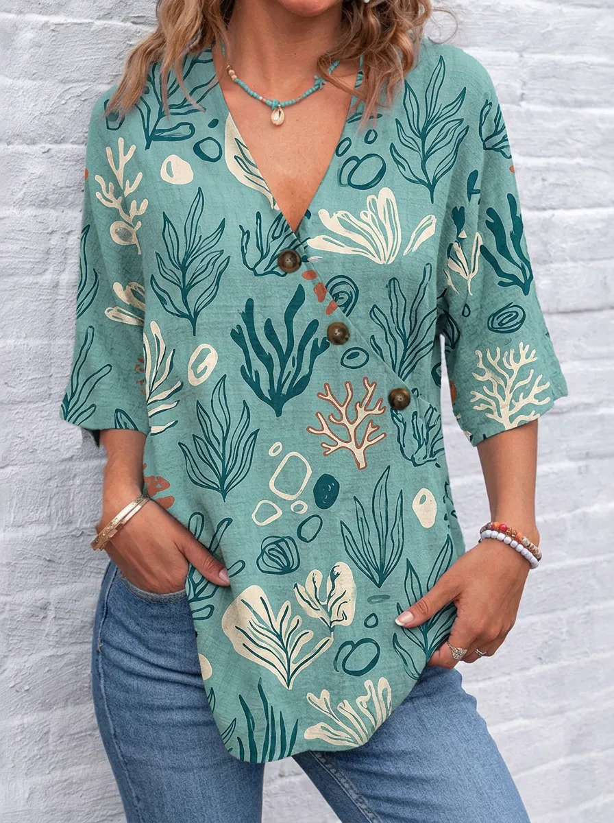 Women's Nashville Botanical Coral Reef Printed V-Neck Top