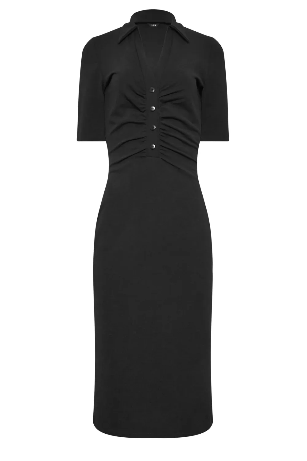 LTS Tall Black Ruched Button Midi Dress