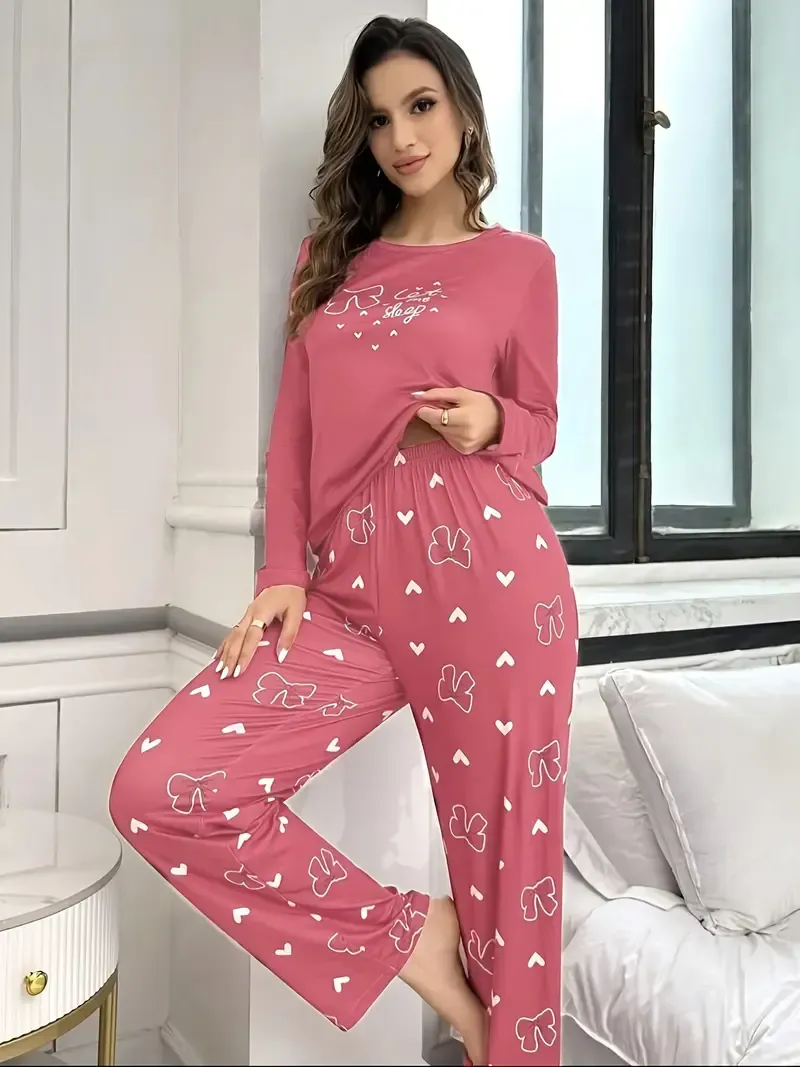 Leisure Women's Pajama Set, 2pcs Set with Long-sleeved Top with Bow and Letter Print and Long Pants with Print