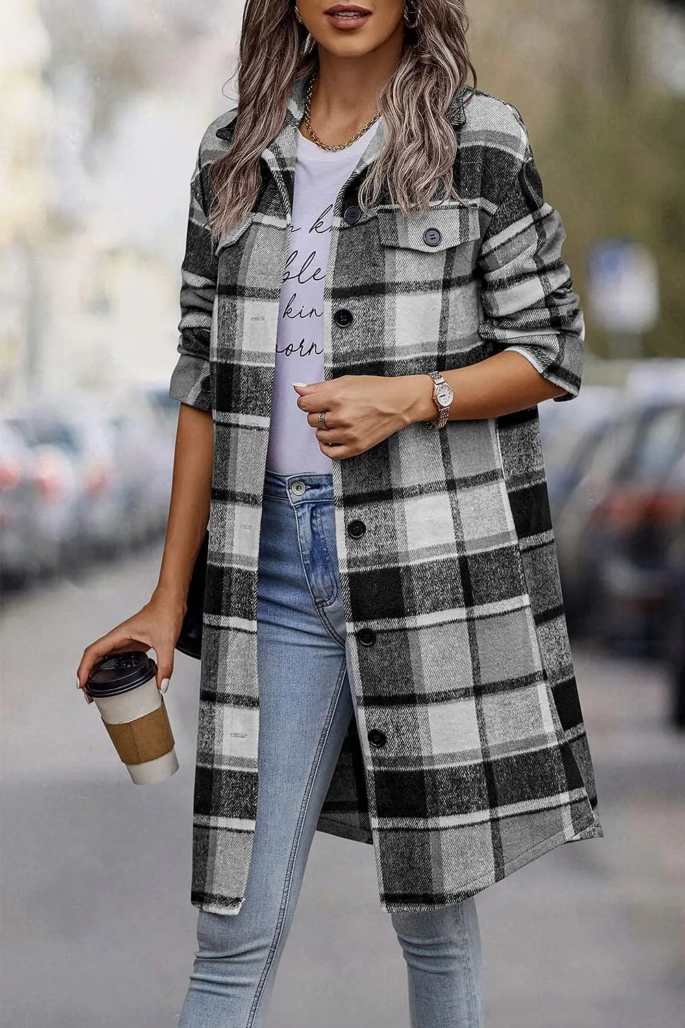 Women's Plaid Shacket 2023 Long Sleeve Button Up Flannel Shirt Winter Tartan Jacket Woolen Coats