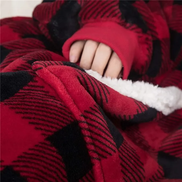 Women's Christmas Couple‘s Pajamas Nightgown Hoodie Blanket Wearable Blanket Grid / Plaid Pure Color Plush Simple Comfort Xmas Home Party Fleece Warm Gift Patchwork Pocket Fall Winter Black Gray