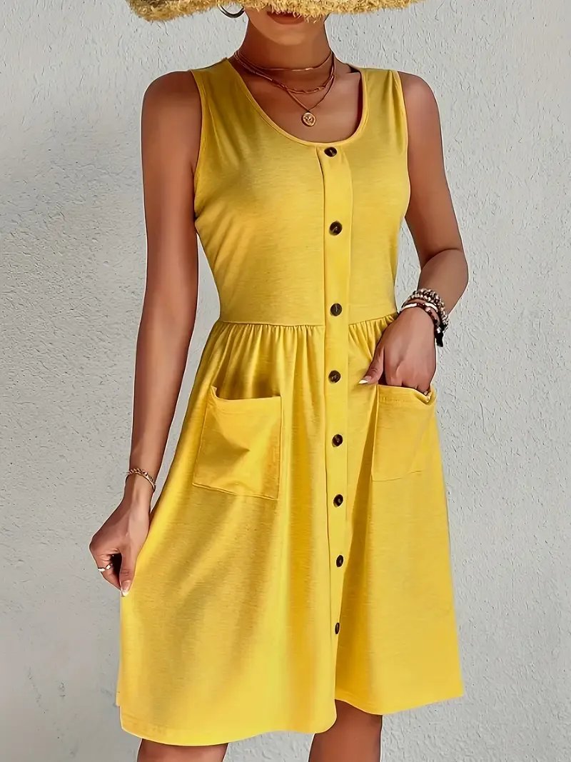 Chic Sleeveless V-Neck Dress for Women - Casual Solid Color with Button Detail, Perfect for Spring & Summer, Machine Washable