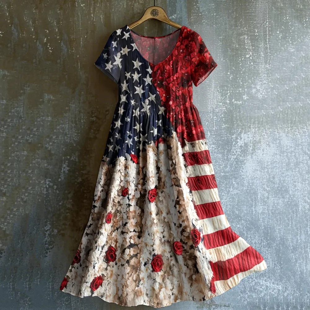 Women's Independence Day Flag Floral Print Dress