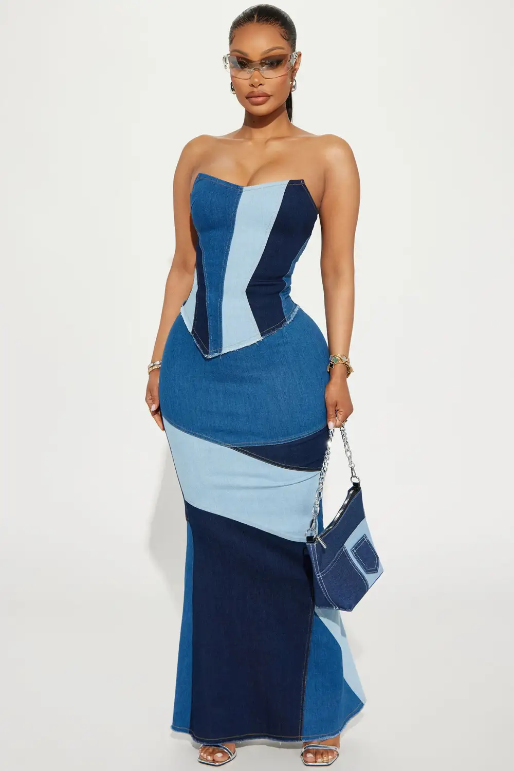 Kamari Denim Colorblock Skirt Set - Dark Wash