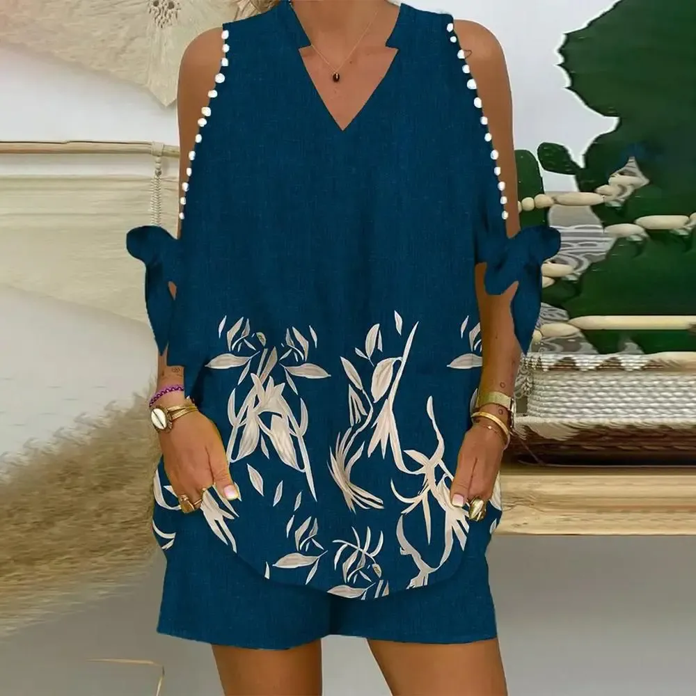 Blue V-Neck Print Two Piece Set