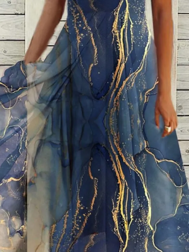 Women's Casual Dress Swing Dress Sundress Midi Dress Blue Short Sleeve Print Print Summer Spring V Neck Fashion Wedding Guest Vacation Summer Dress 2023 S M L XL XXL 3XL