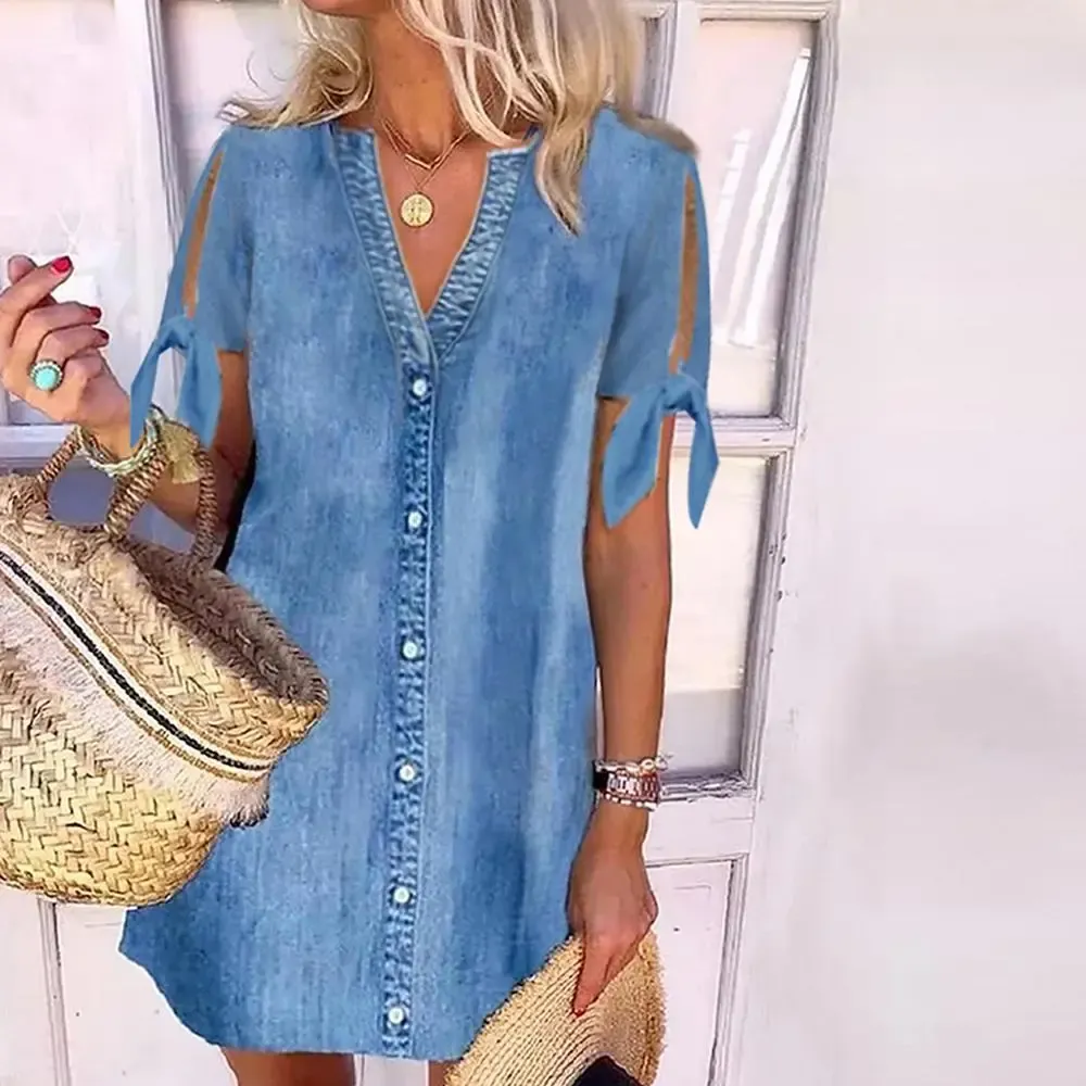 Washed Denim Button Front Sleeveless Mini Dress