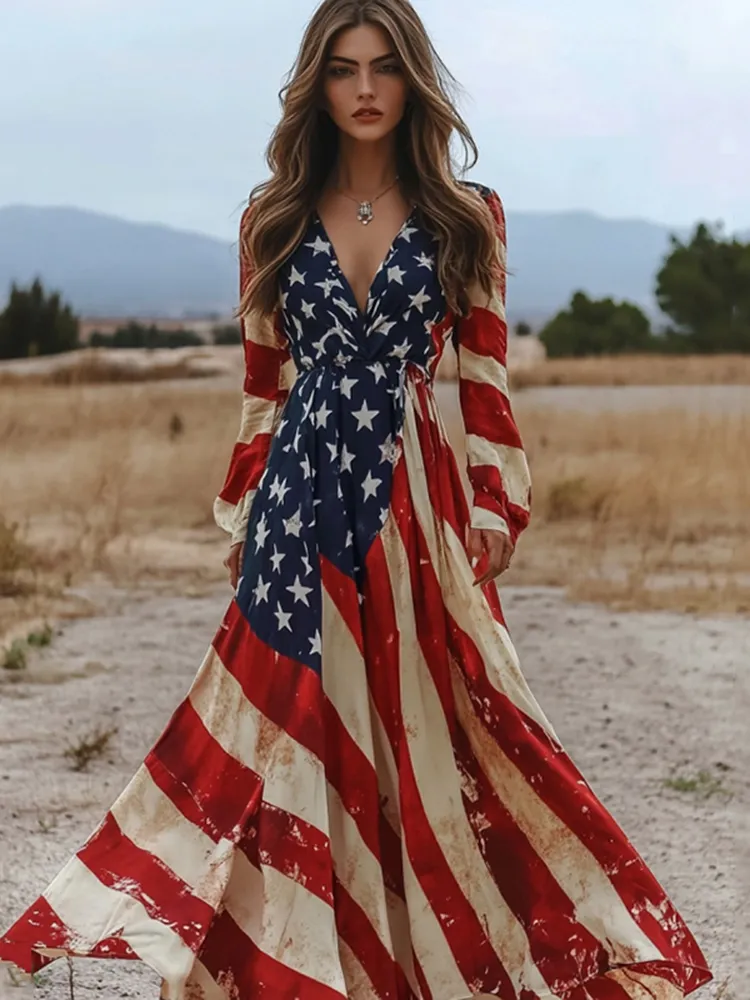 Women's Vintage Independence Day Flag Printed Casual Maxi Dress