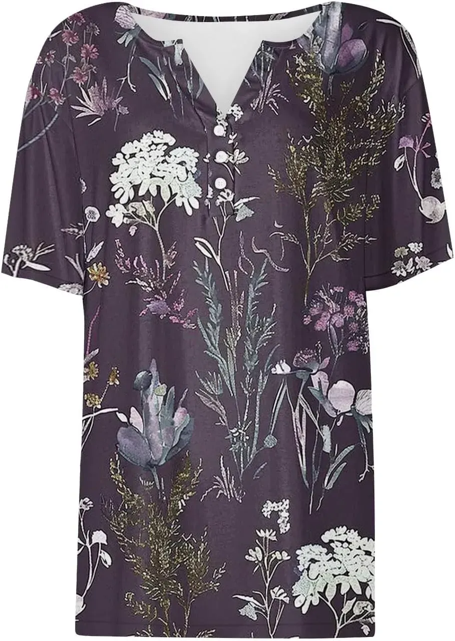 Shirts for Women Casual Printed Summer Tops Short-Sleeved Button V-Neck Tops Blouse Fashion Boho T-Shirts