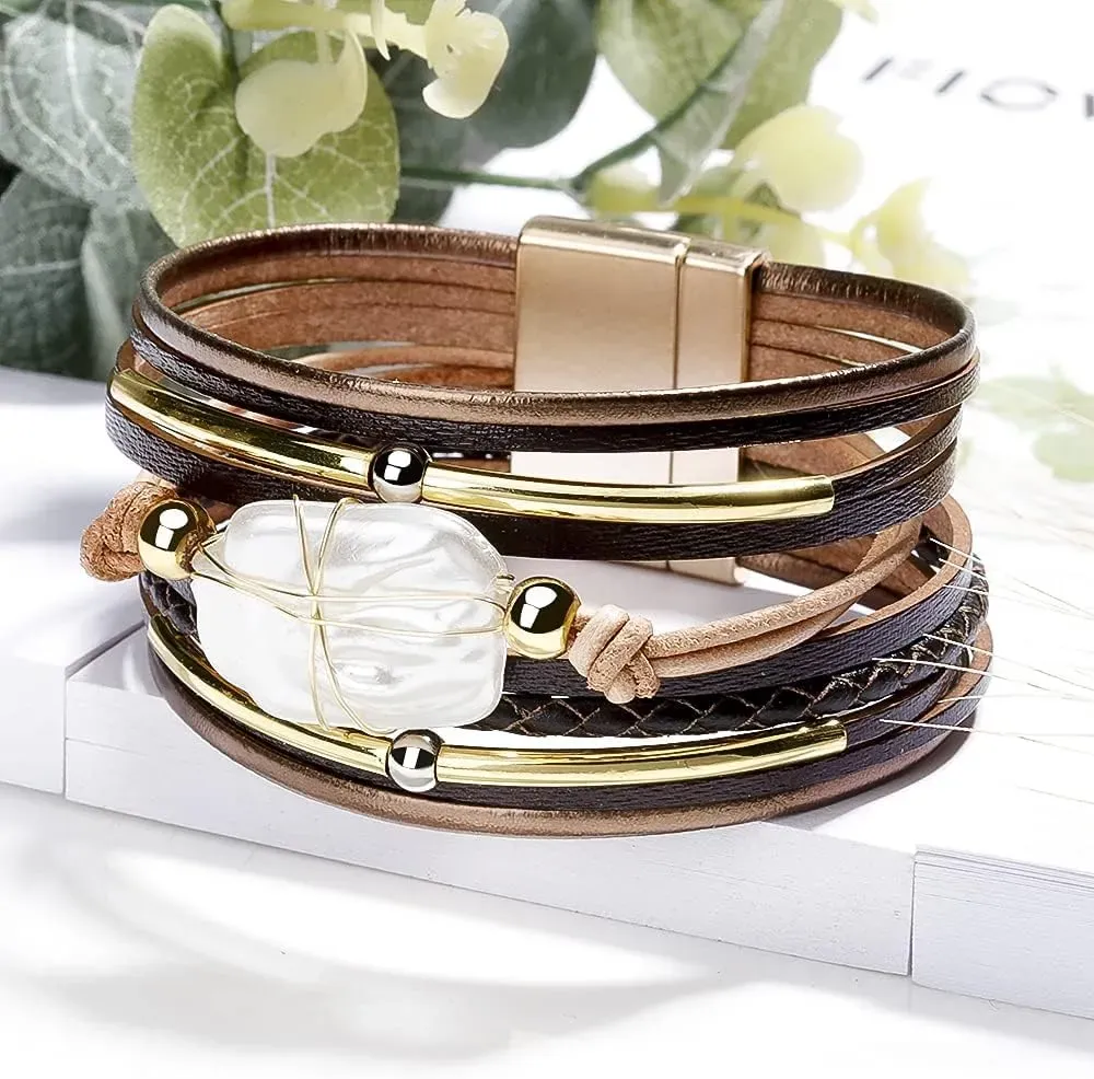 Fesciory Leather Wrap Bracelets for Women, Boho Leopard Multi-Layer Crystal Beads Cuff Bracelet Jewelry