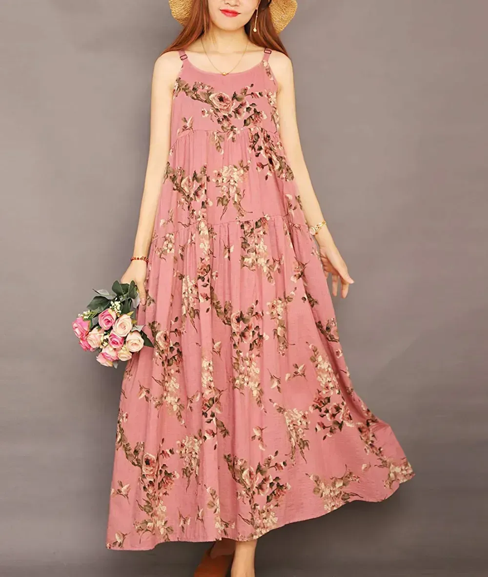 Summer Dresses for Women Casual Loose Bohemian Floral Dress with Pockets Spaghetti Strap Maxi Dress E75