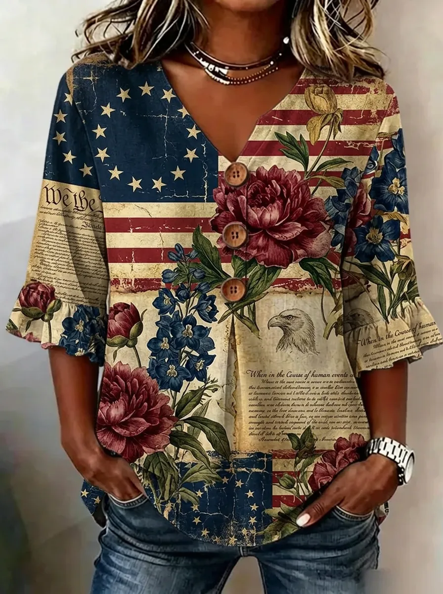 Women's Nashville Patriotic Floral Eagle Printed V-neck Top