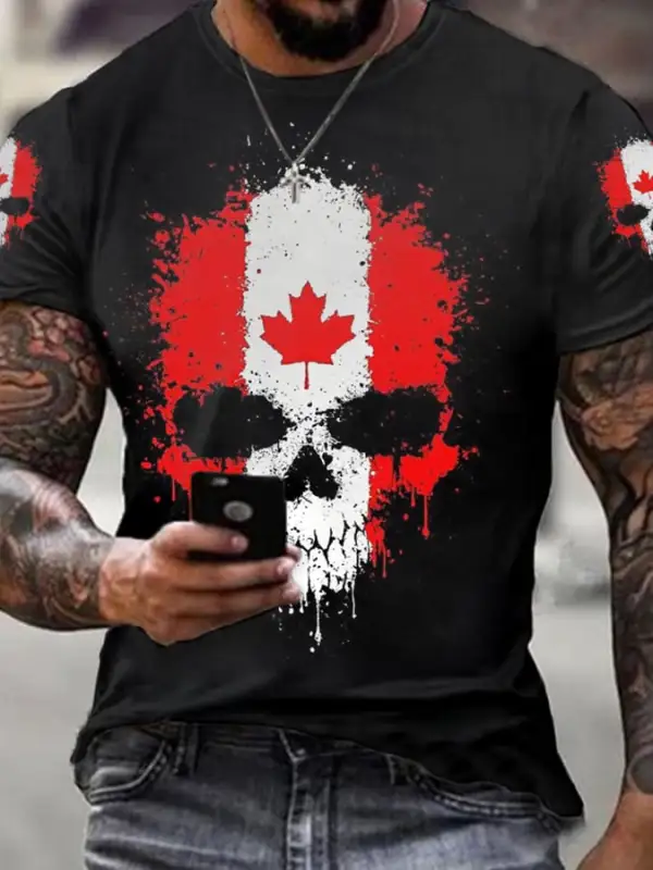 Men's Canada Maple Leaf Skull Print Casual Tee